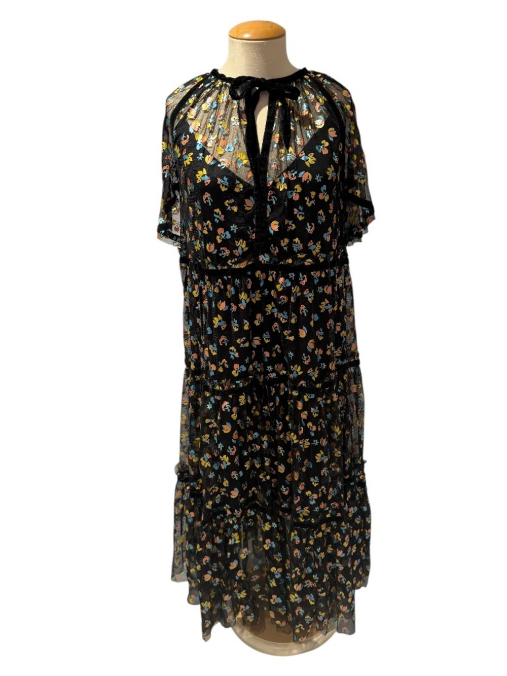 FREE PEOPLE black sheer boho floral maxi dress with lining - size xs
